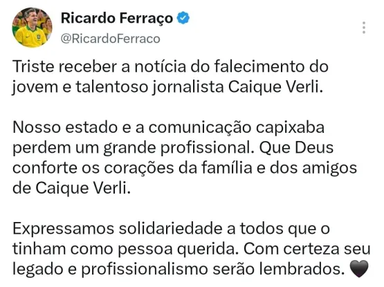 Morte precoce de repórter da TV Gazeta mobiliza manifestações do governador Ricardo Ferraço, do ex-governador Renato  Casagrande e da imprensa capixaba