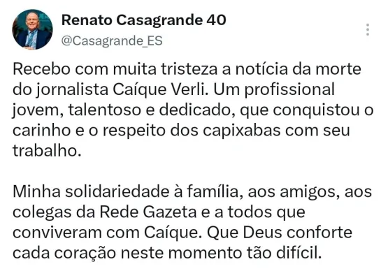 Morte precoce de repórter da TV Gazeta mobiliza manifestações do governador Ricardo Ferraço, do ex-governador Renato  Casagrande e da imprensa capixaba